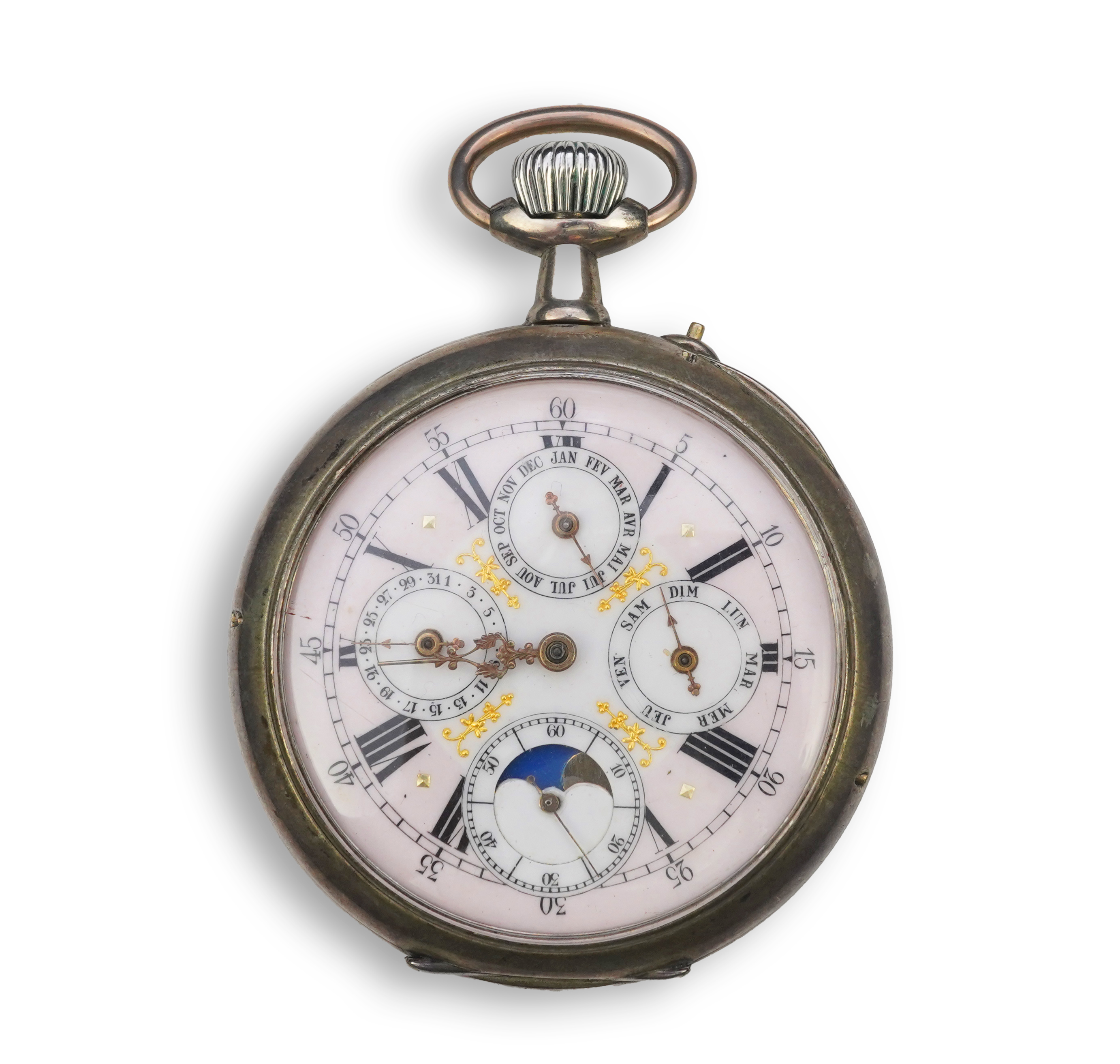 A large early 20th century German 800 standard silver open faced calendar moon phase keyless pocket watch